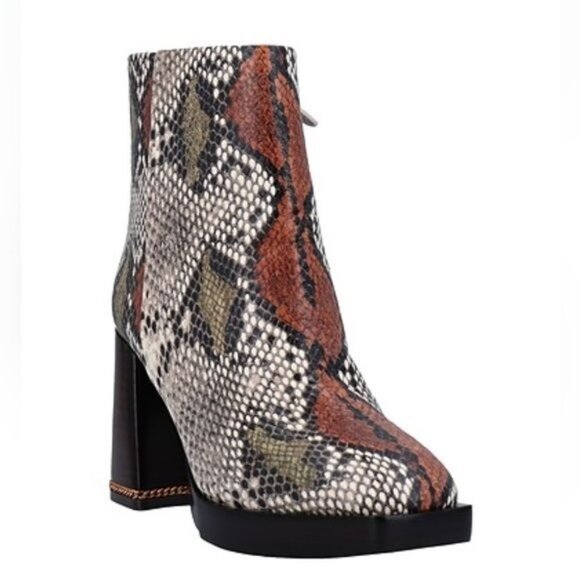Tory Burch Ruby Python-Embossed Ankle Boots Size 8 Aspen Block Heel Chain Accent - Picture 2 of 13